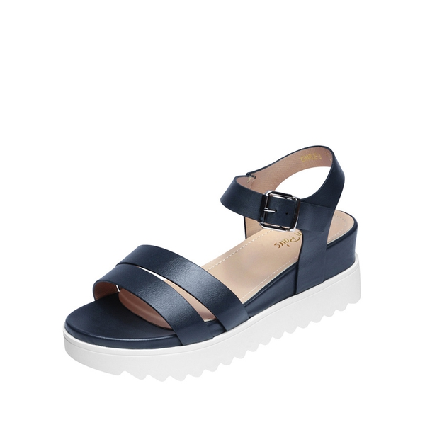 Buckle Ankle Strap Platform Wedge Sandals - NAVY PU -  0